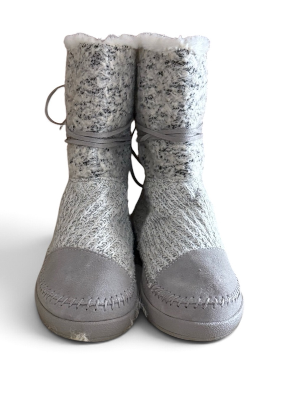 New Toms Gray Leather Knit Sherpa Wool Gray/ White Laced Winter Boots